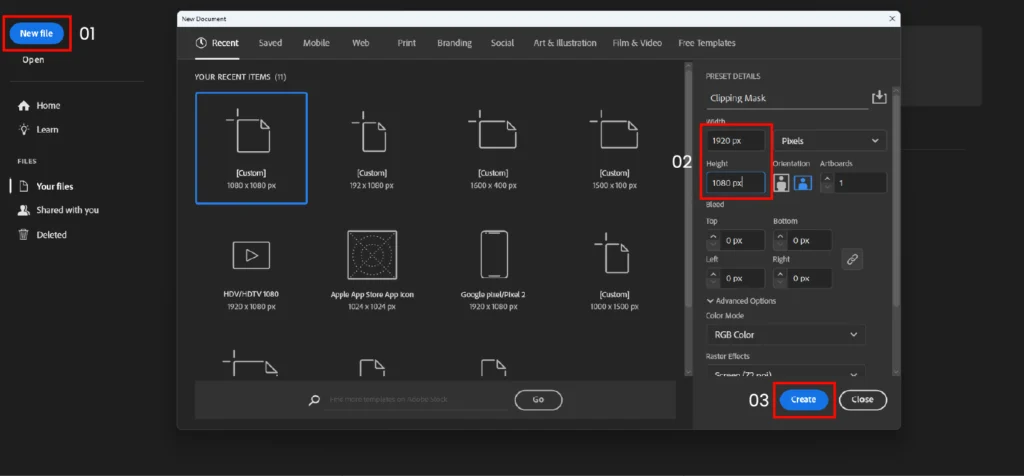 New document window in Adobe Illustrator showing settings for creating a file.
