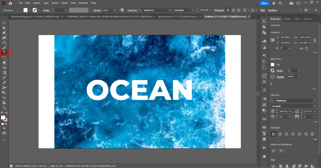 Using the Type Tool in Adobe Illustrator to add text on top of an image.
