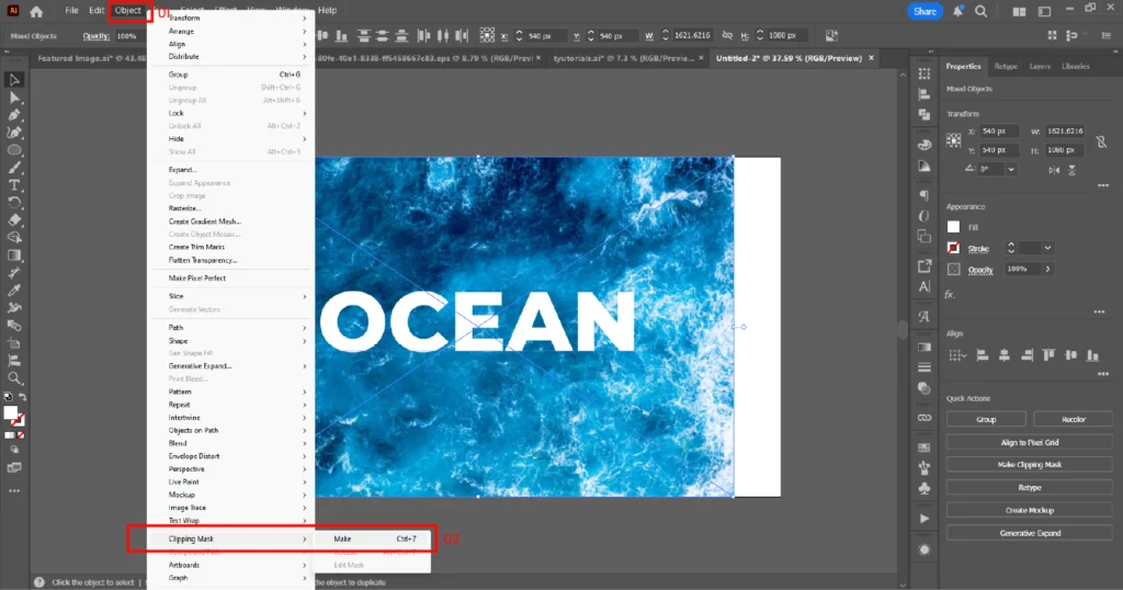Object menu in Adobe Illustrator with the Clipping Mask option selected to make a clipping mask over text and an image.