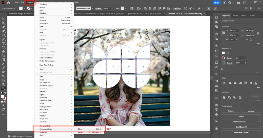 The Object menu in Adobe Illustrator is selected with the Compound Path option chosen to create a compound path from the selected shapes.