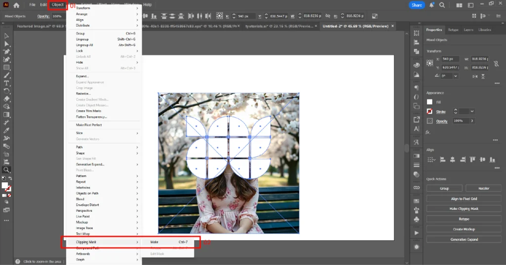 Adobe Illustrator Object menu with the Clipping Mask option selected to create a clipping mask using multiple shapes over an image.
