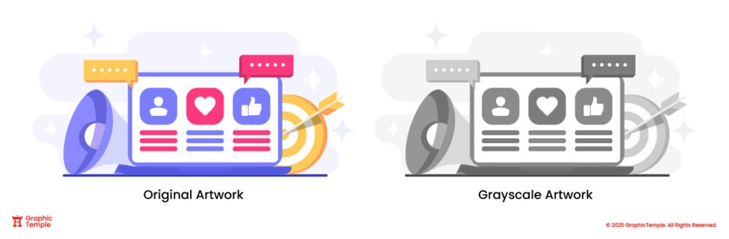 Side-by-side illustration of a colorful social media marketing graphic and its grayscale version, used to demonstrate value contrast in design.