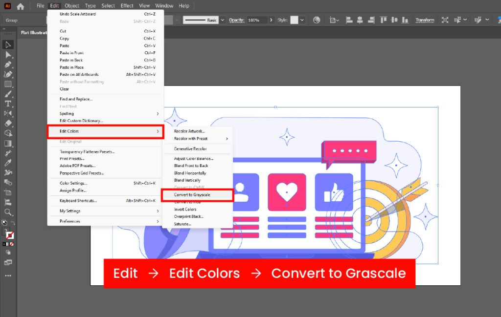 Screenshot of Adobe Illustrator showing the “Edit → Edit Colors → Convert to Grayscale” option highlighted for converting artwork colors to grayscale.