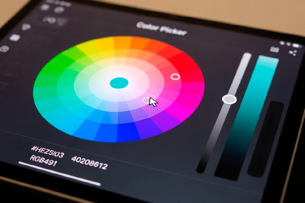 Digital color picker displayed on a tablet showing hue and brightness adjustments — Freepik Premium licensed image.