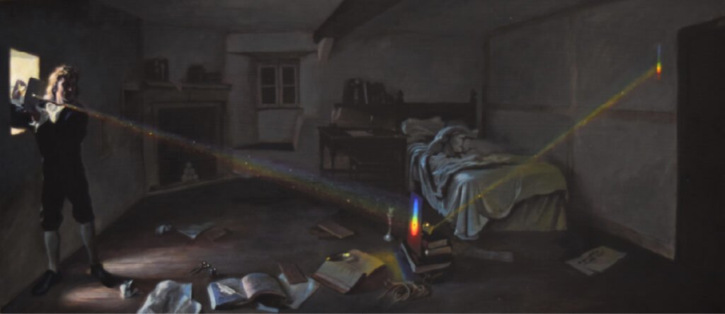 Painting of Isaac Newton performing his prism experiment in a dimly lit room, showing light split into a rainbow spectrum.
