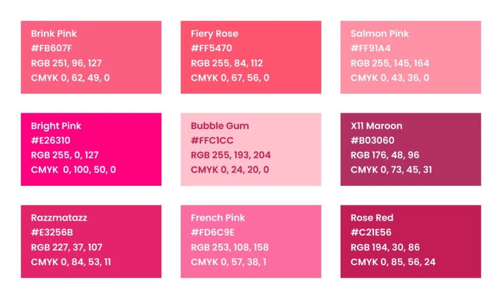 Collection of famous pink color shades with their names, hex codes, RGB, and CMYK values to help designers use pink color psychology effectively.