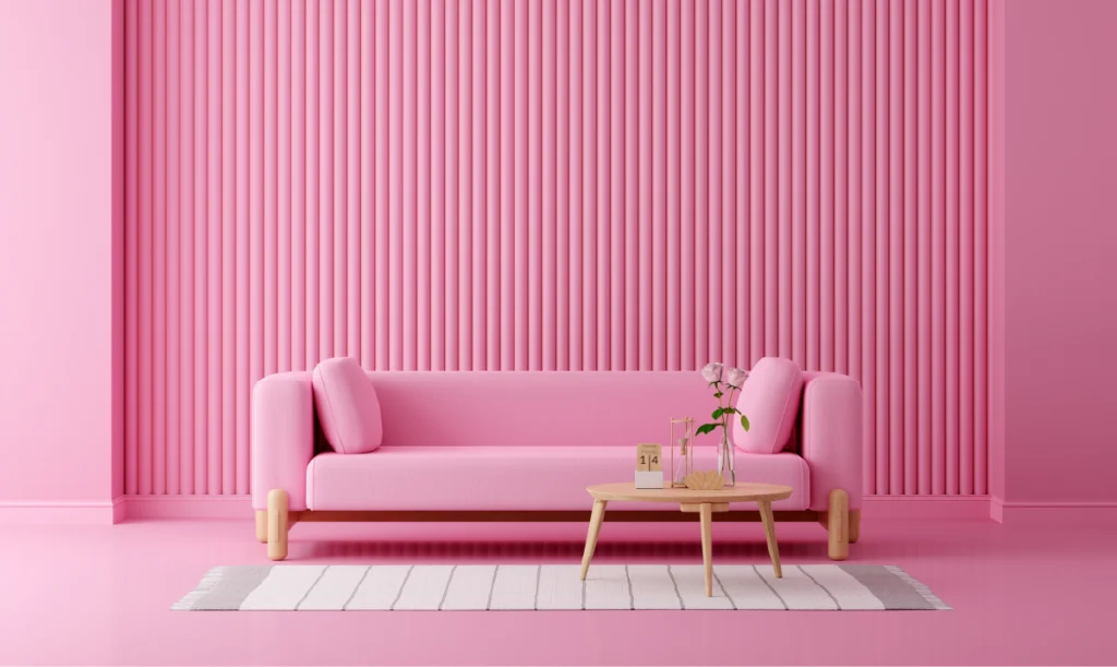 Pink sofa in a pink living room demonstrating pink color psychology through comfort, softness, and emotional warmth in interior design.
