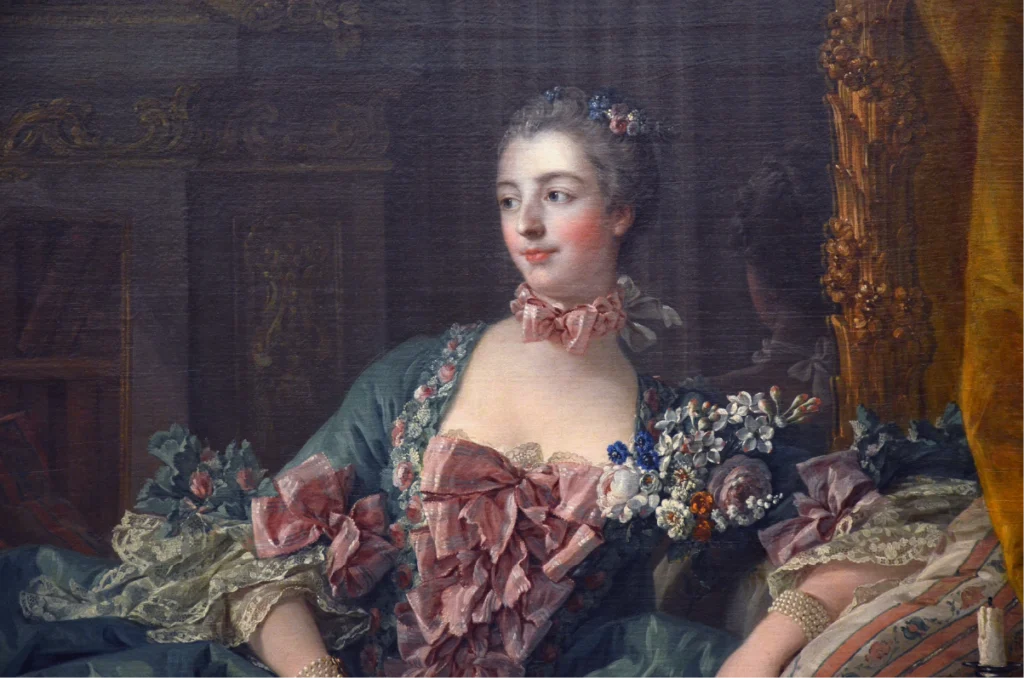 photograph of Portrait of Madame de Pompadour by François Boucher (1756), showing Rococo styling and soft pastel colors, photographed at the Neue Pinakothek in Munich.