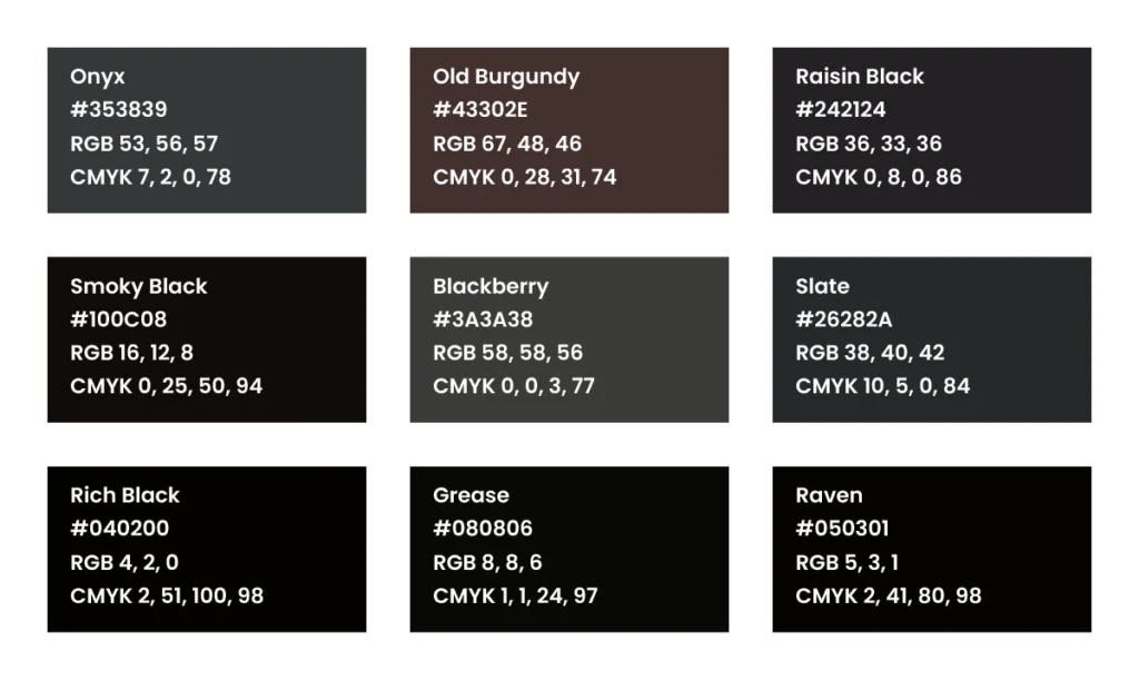 A collection of black color swatches displaying various black shades with their names, hex codes, RGB values, and CMYK values for design and branding reference.