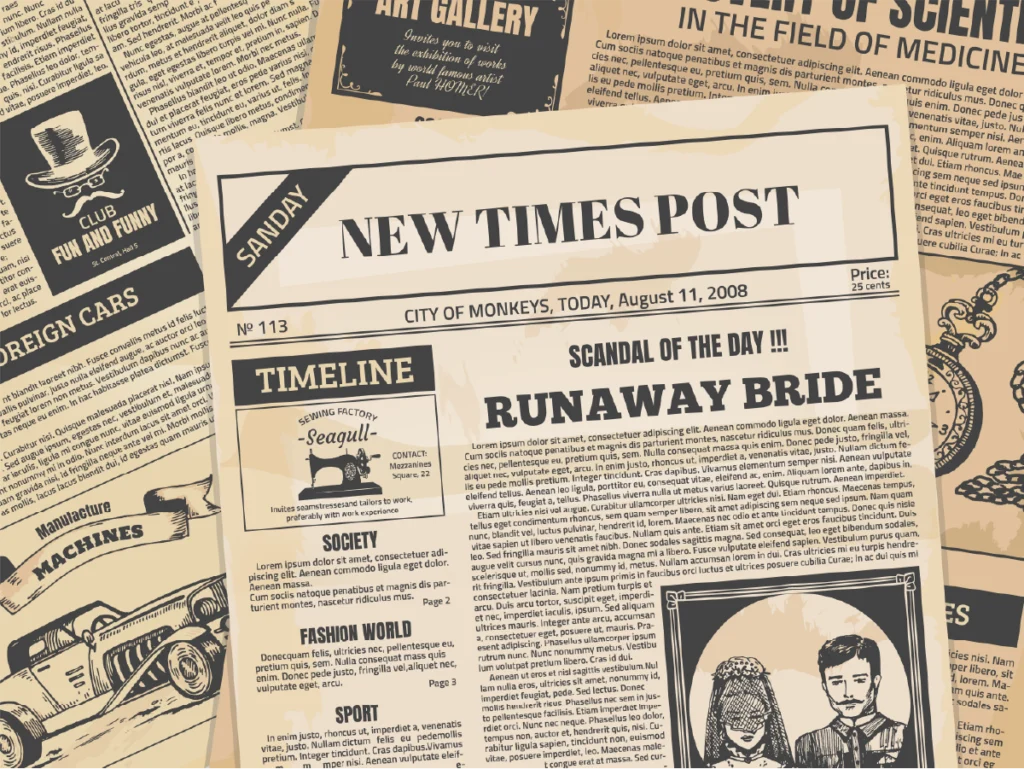 Vintage monochrome newspaper illustration showing black ink typography and layout