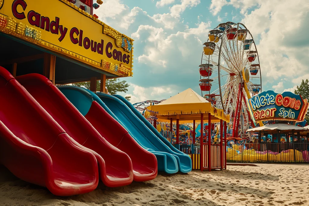 Colorful amusement park environment illustrating black color psychology in entertainment branding, where bright expressive colors create joy, energy, and approachability instead of black-dominated visual identities.