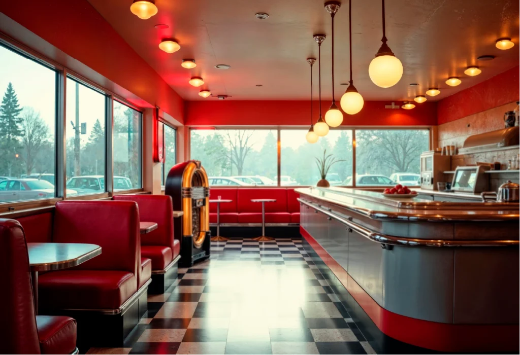 Retro fast food diner interior with red seating and warm lighting, representing industries where purple may not work well as a branding color.