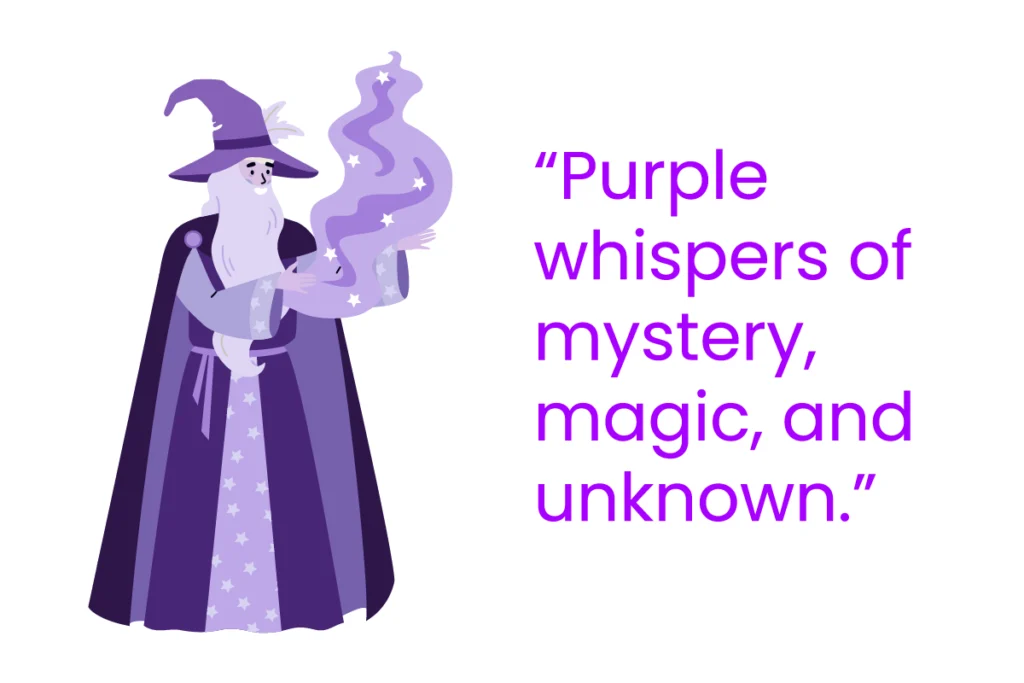 Purple illustration of a wizard with a quote reading “Purple whispers of mystery, magic, and unknown.”