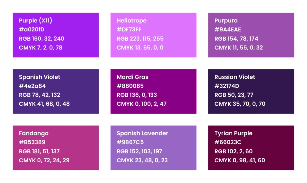 A collection of purple color swatches displaying various black shades with their names, hex codes, RGB values, and CMYK values for design and branding reference.