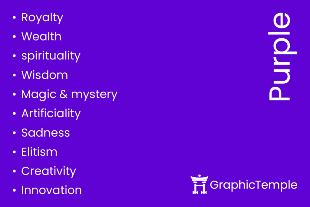 Purple infographic listing psychological traits of purple such as royalty, wealth, spirituality, wisdom, creativity, and innovation.