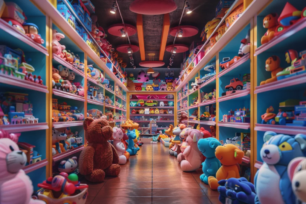 Colorful toy store interior illustrating black color psychology, showing how children’s brands avoid black in favor of vibrant hues that encourage play, curiosity, and emotional warmth.