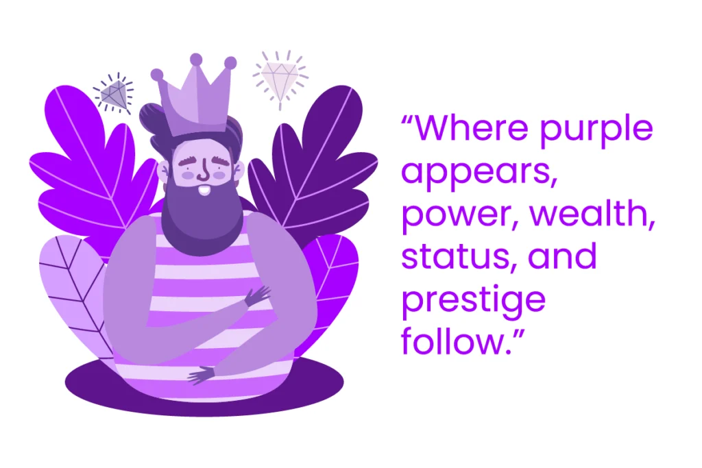 Purple-themed illustration of ancient king figure with a quote reading “Where purple appears, power, wealth, status, and prestige follow.”