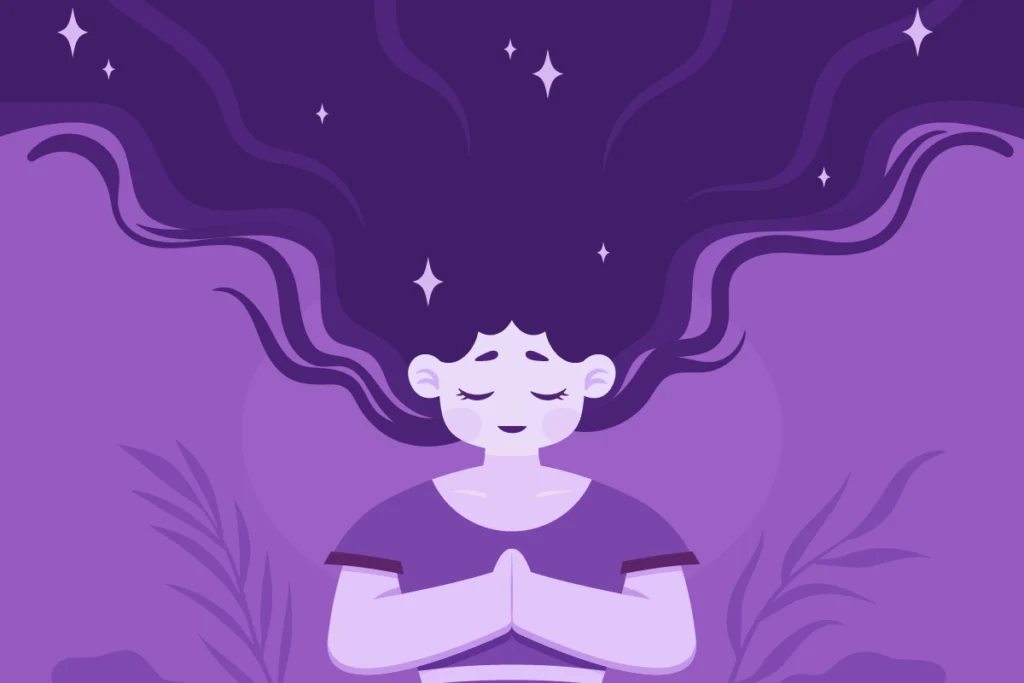 Purple-toned illustration of a peaceful meditative figure symbolizing spirituality, wisdom, and sacred meaning of the color purple.